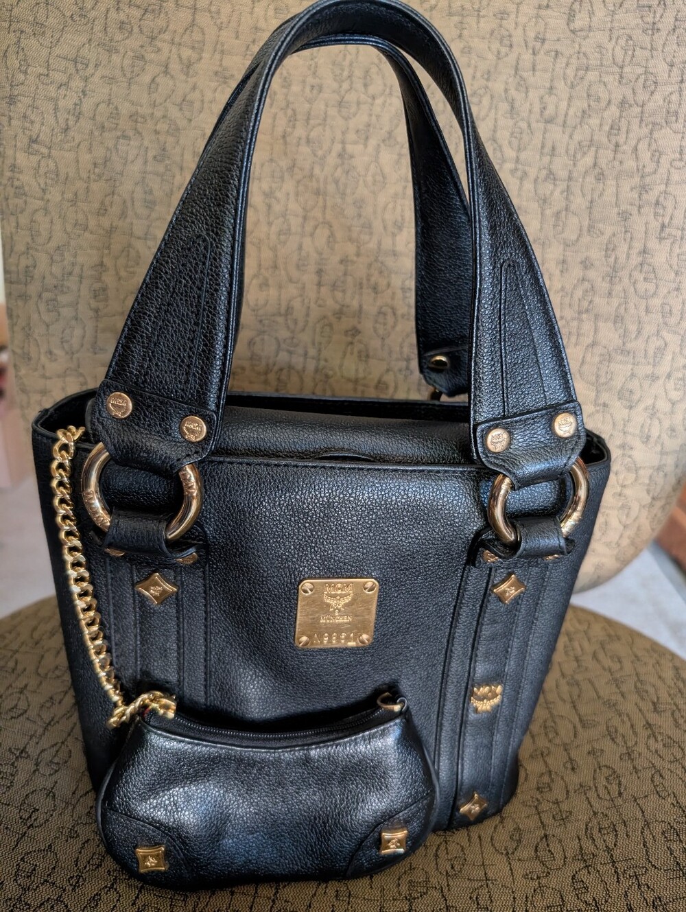 MCM Black Leather Tote with Gold Hardware And Matching Baby Wristlet!